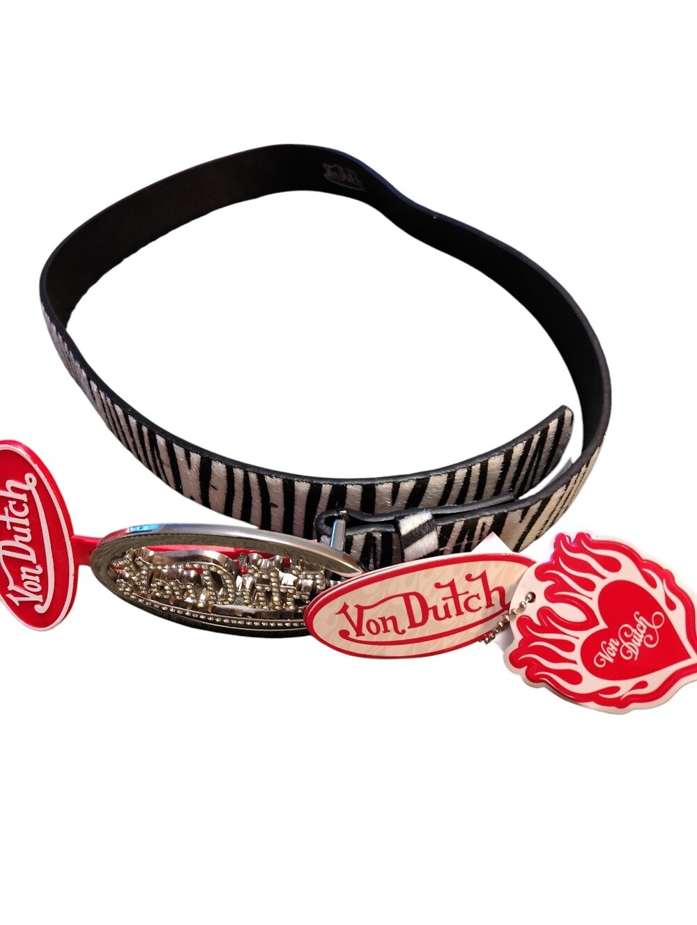 Von Dutch Zebra-Print Belt with Rhinestone Silver Buckle, Size M/L, NWT